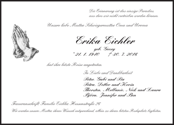 Traueranzeige von Erika Eichler von Trauerportal Rhein Main Presse