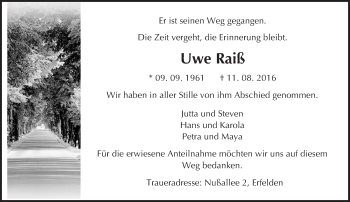 Traueranzeige von Uwe Raiß von Trauerportal Echo Online