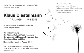 Traueranzeige von Klaus Diestelmann von Trauerportal Echo Online