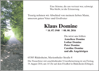 Traueranzeige von Klaus Domine von Trauerportal Rhein Main Presse