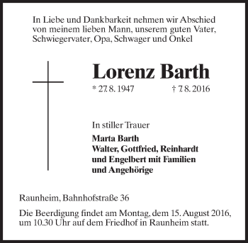 Traueranzeige von Lorenz Barth von Trauerportal Rhein Main Presse