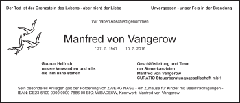 Traueranzeige von Manfred  von Vangerow von Trauerportal Rhein Main Presse