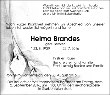 Traueranzeige von Helma Brandes von  Gießener Anzeiger