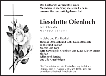 Traueranzeige von Lieselotte Ofenloch von Trauerportal Rhein Main Presse