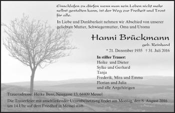 Traueranzeige von Hanni Brückmann von Trauerportal Echo Online