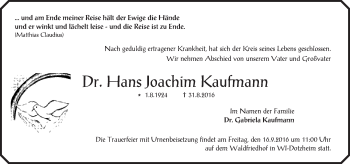 Traueranzeige von Hans Joachim Kaufmann von Trauerportal Rhein Main Presse