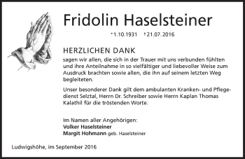 Traueranzeige von Fridolin Haselsteiner von Trauerportal Rhein Main Presse