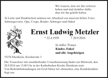 Traueranzeige von Ernst Ludwig Metzler von Trauerportal Rhein Main Presse