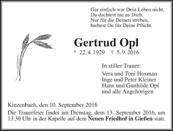 Traueranzeige von Gertrud Opl von  Gießener Anzeiger