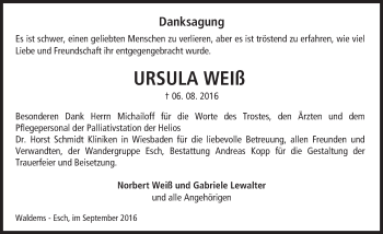 Traueranzeige von Ursula Weiß von Trauerportal Rhein Main Presse
