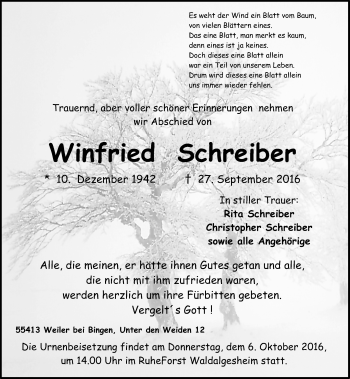 Traueranzeige von Winfried Schreiber von Trauerportal Rhein Main Presse