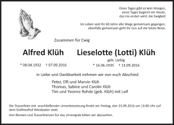 Traueranzeige von Alfred und Lieselotte Klüh von Trauerportal Rhein Main Presse