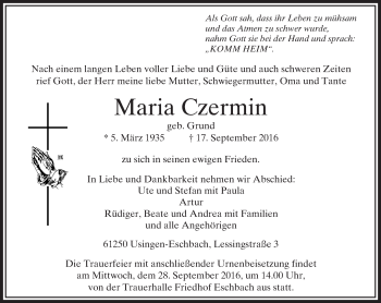 Traueranzeige von Maria Czermin von  Usinger Anzeiger