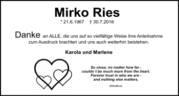 Traueranzeige von Mirko Ries von Trauerportal Echo Online