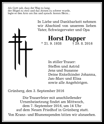 Traueranzeige von Horst Dapper von  Gießener Anzeiger