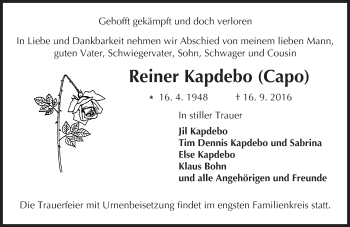 Traueranzeige von Reiner Kapdebo von Trauerportal Echo Online