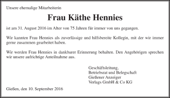 Traueranzeige von Käthe Hennies von  Gießener Anzeiger