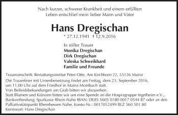 Traueranzeige von Hans Dregischan von Trauerportal Rhein Main Presse