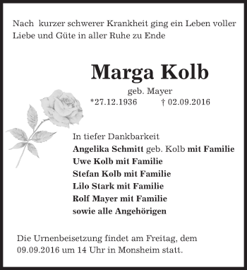Traueranzeige von Marga Kolb von Trauerportal Rhein Main Presse