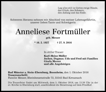 Traueranzeige von Anneliese Fortmüller von Trauerportal Rhein Main Presse