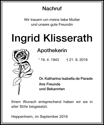 Traueranzeige von Ingrid Klisserath von Trauerportal Echo Online