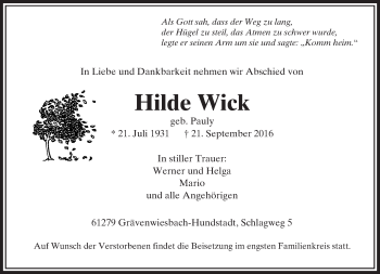Traueranzeige von Hilde Wick von  Usinger Anzeiger