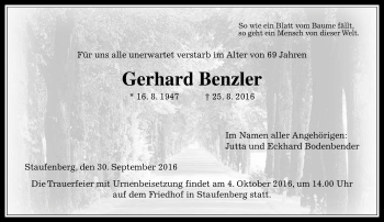 Traueranzeige von Gerhard Benzler von  Gießener Anzeiger