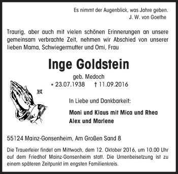 Traueranzeige von Inge Goldstein von Trauerportal Rhein Main Presse