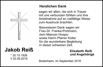 Traueranzeige von Jakob Reiß von Trauerportal Rhein Main Presse