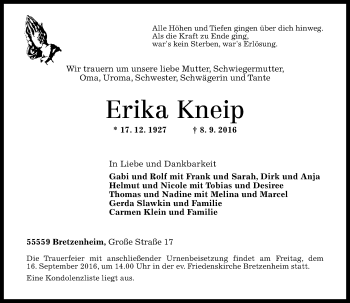 Traueranzeige von Erika Kneip von Trauerportal Rhein Main Presse