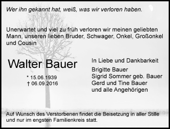 Traueranzeige von Walter Bauer von Trauerportal Echo Online