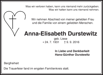 Traueranzeige von Anna-Elisabeth Durstewitz von Trauerportal Echo Online