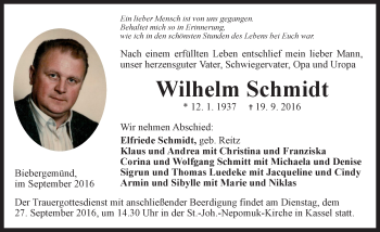 Traueranzeige von Wilhelm Schmidt von  Gelnhäuser Tageblatt