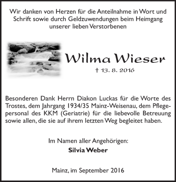 Traueranzeige von Wilma Wieser von Trauerportal Rhein Main Presse