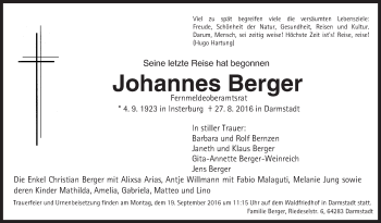 Traueranzeige von Johannes Berger von Trauerportal Rhein Main Presse