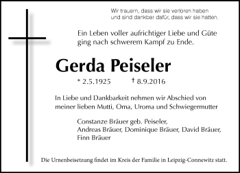 Traueranzeige von Gerda Peiseler von Trauerportal Rhein Main Presse