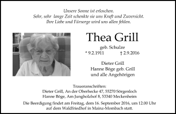 Traueranzeige von Thea Grill von Trauerportal Rhein Main Presse
