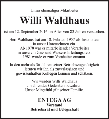 Traueranzeige von Willi Waldhaus von Trauerportal Echo Online