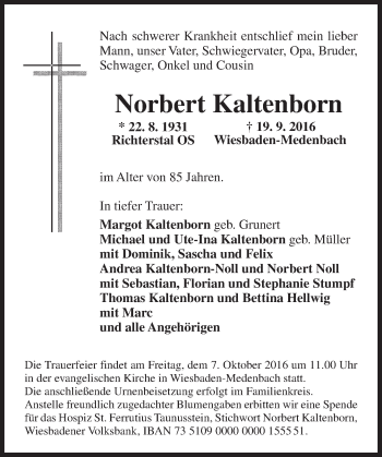 Traueranzeige von Norbert Kaltenborn von Trauerportal Rhein Main Presse