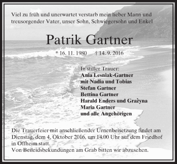 Traueranzeige von Patrik Gartner von  Camberger Anzeiger