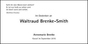 Traueranzeige von Waltraud Brenke-Smith von  Gelnhäuser Tageblatt