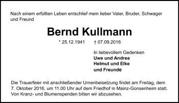 Traueranzeige von Bernd Kullmann von Trauerportal Rhein Main Presse