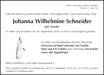 Traueranzeige von Johanna Wilhelmine Schneider von Trauerportal Rhein Main Presse