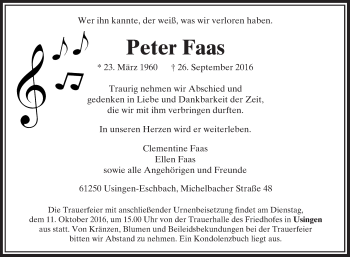 Traueranzeige von Peter Faas von  Usinger Anzeiger