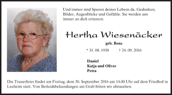 Traueranzeige von Hertha Wiesenäcker von Trauerportal Echo Online