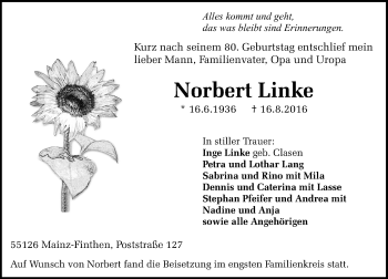Traueranzeige von Norbert Linke von Trauerportal Rhein Main Presse