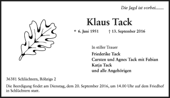 Traueranzeige von Klaus Tack von  Gelnhäuser Tageblatt