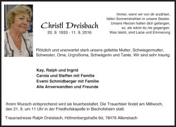 Traueranzeige von Christl Dreisbach von Trauerportal Echo Online