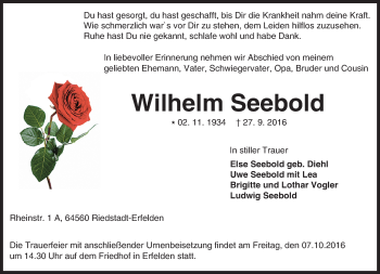 Traueranzeige von Wilhelm Seebold von Trauerportal Echo Online