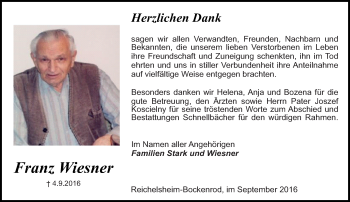 Traueranzeige von Franz Wiesner von Trauerportal Echo Online